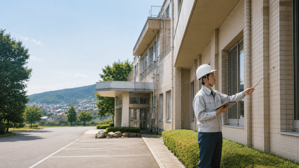 建築物の外部を調査する様子